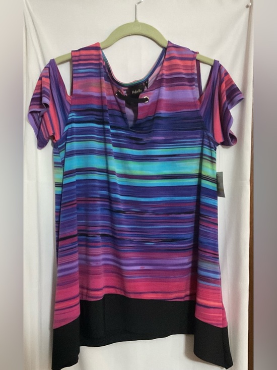 Rafaella Tops - Rafaella: pull over horizontal stripes blouse with cut out /peek a boo shoulders